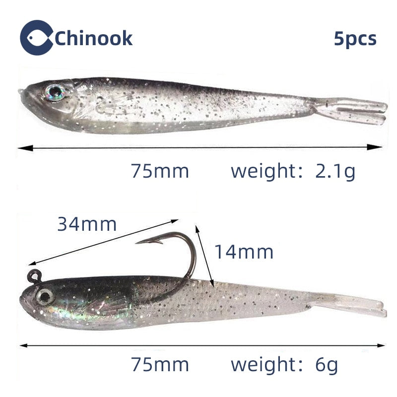 Chinook 5pcs Lure Soft Bait SoftFish Fork Tail with or without Hook Fluke Swimbaits