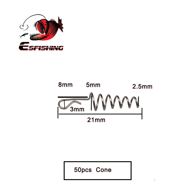 ESFISHING 50PCS Fishing Hook Connector Soft Bait Spring Centering Pins Fixed Latch Needle Spring Twist Crank Lock