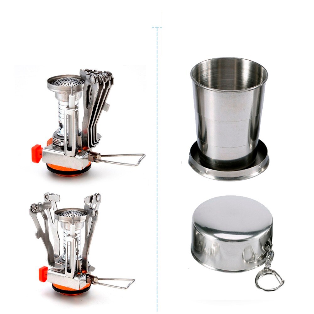 1Set Camping Pot Cookware Sets Mini Gas Stove With Stand Fork Spoon Knife