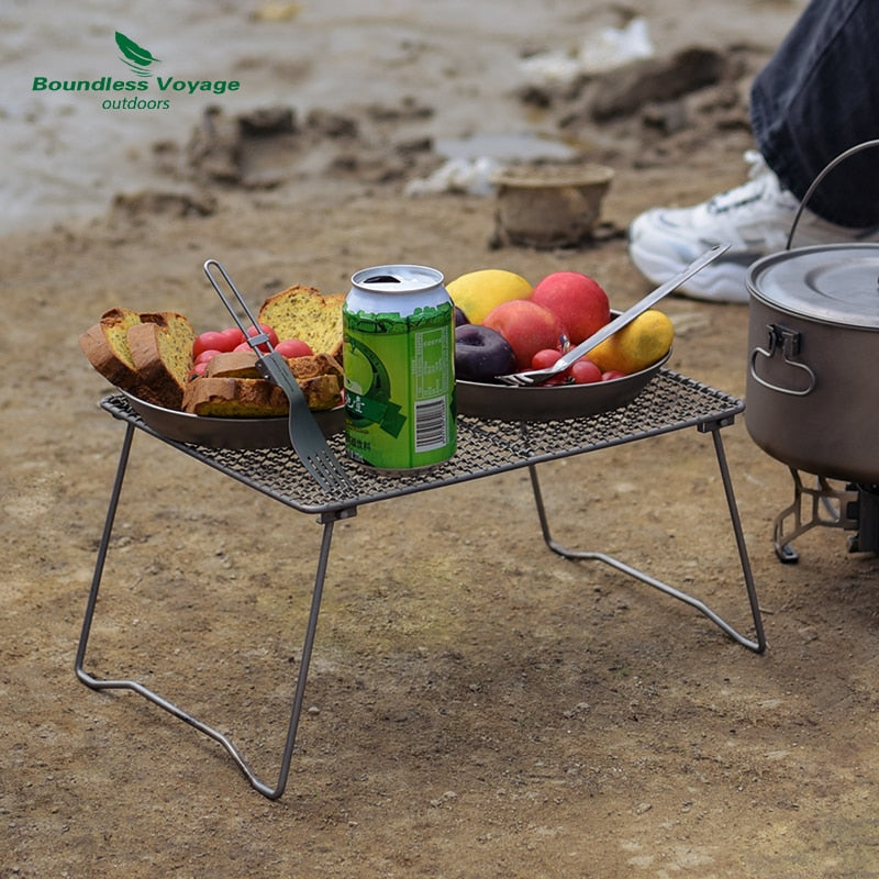 Boundless Voyage Titanium Charcoal BBQ Grill Net with Folding Legs for Camping Beach