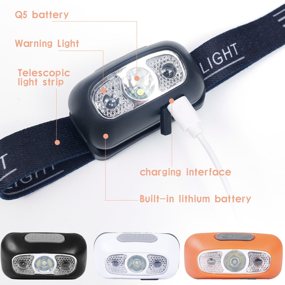 Portable Mini LED Headlamp USB Rechargeable Body Motion Sensor Headlight Outdoor Camping Fishing