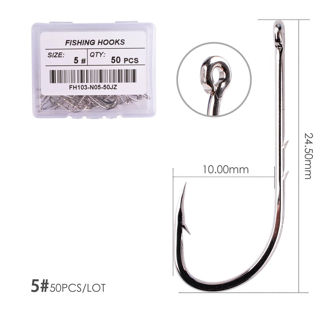 50pcs/ Box Long Shank Fishing Hook 1#-12# Fish Hooks High Carbon Steel Sharp