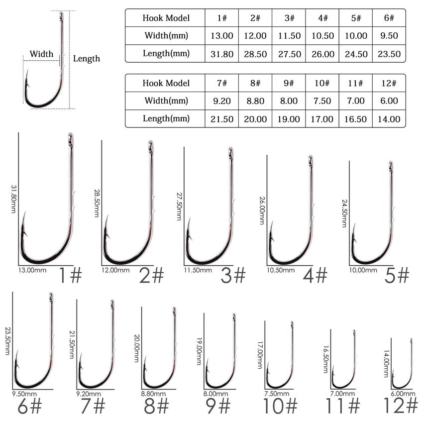 50pcs/ Box Long Shank Fishing Hook 1#-12# Fish Hooks High Carbon Steel Sharp