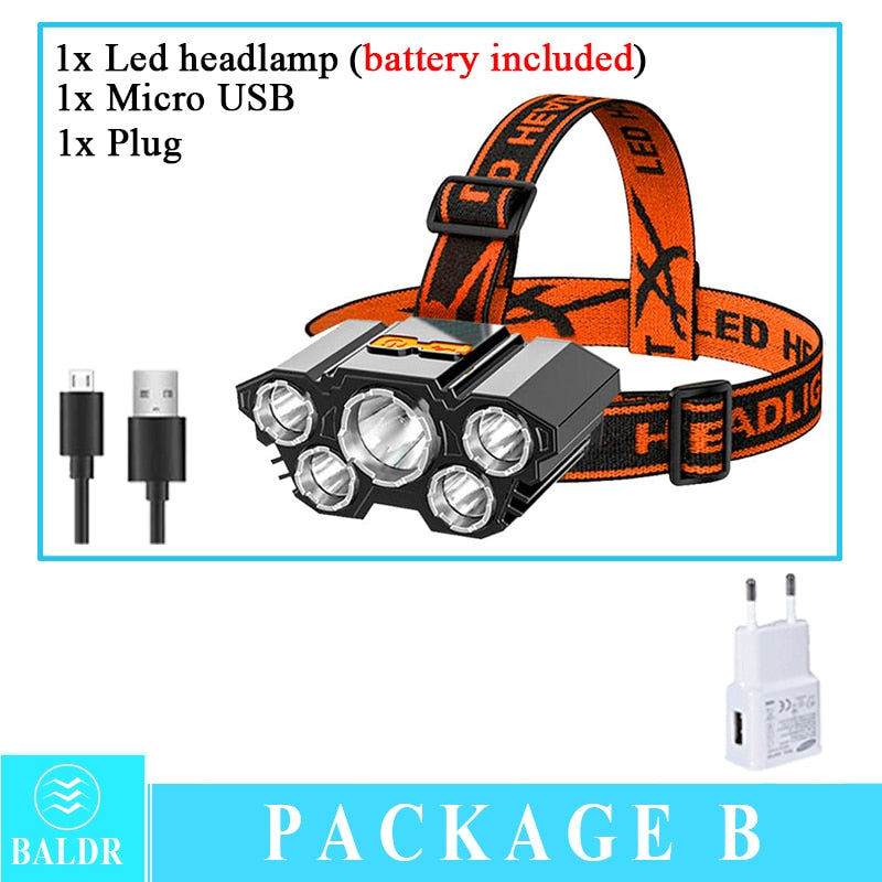 USB Rechargeable Headlamp Portable 5LED Headlight Built in Battery Torch Portable  Light