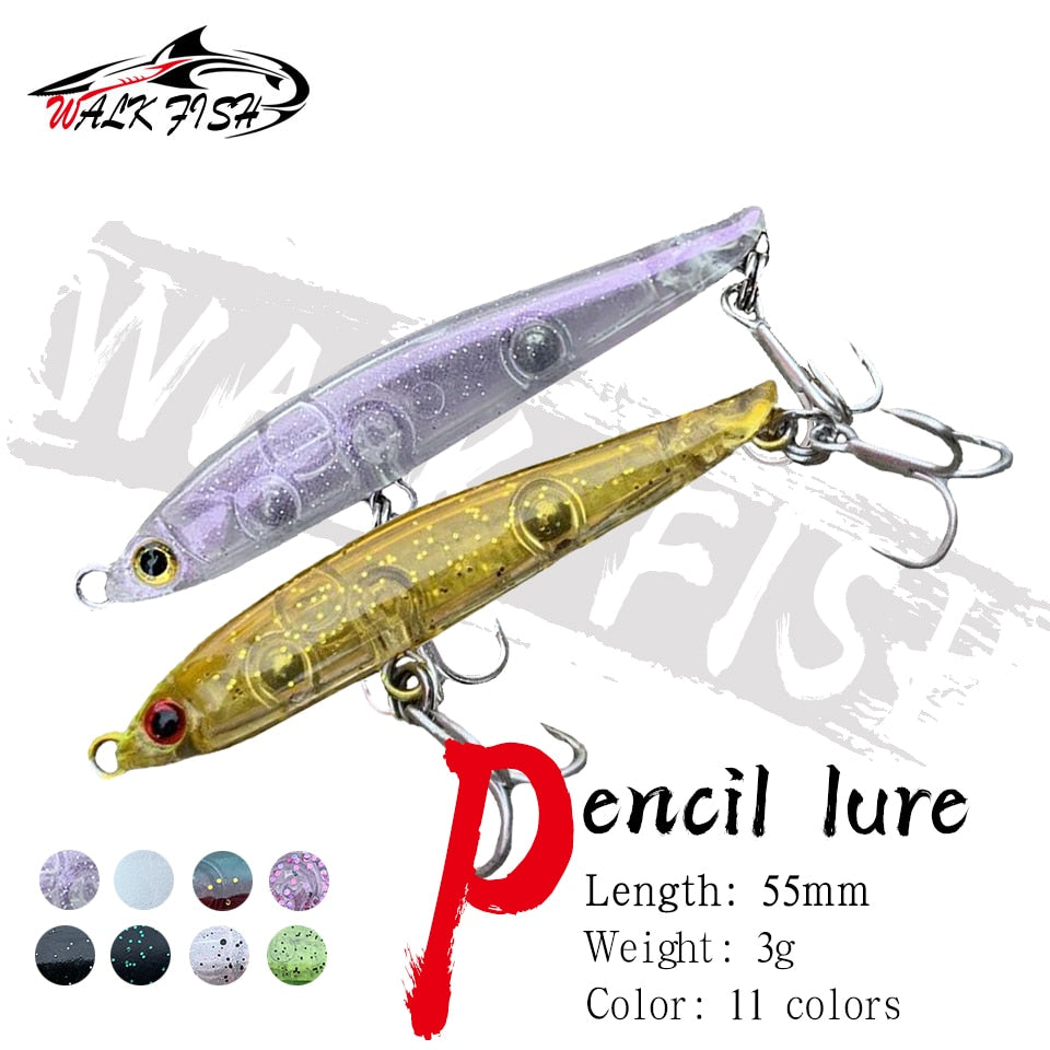 WALK FISH 1PCS 55mm/3g Pencil Minnow Fishing Lure Hard Bait Diving Sinking Treble Hooks